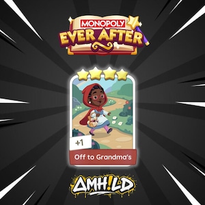 Puede incluir: Una tarjeta del juego Monopoly Ever After con Caperucita Roja. La tarjeta muestra una ilustración de dibujos animados de una niña con una capa con capucha roja caminando por un camino. El texto "Off to Grandma's" está debajo.