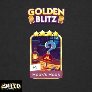 May include: A digital graphic for the game "Golden Blitz" features a pirate theme. The image includes a hook, a treasure map, and a lantern. The text "Hook's Hook" is displayed below the image, with a "+1" symbol.