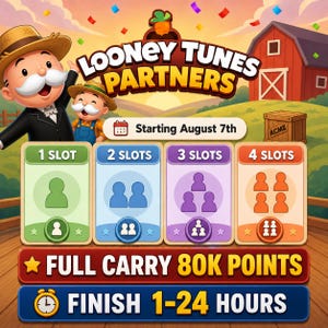 以下が含まれることがあります： Looney Tunes Partnersと題されたデジタルゲームのグラフィック。帽子をかぶった2人の漫画キャラクター、赤い納屋、ACMEと書かれた木箱が描かれています。4つの色分けされたスロットにはプレイヤーアイコンが表示され、Starting August 7th、FULL CARRY 80K POINTS、FINISH 1-24 HOURSというテキストが記載されています。