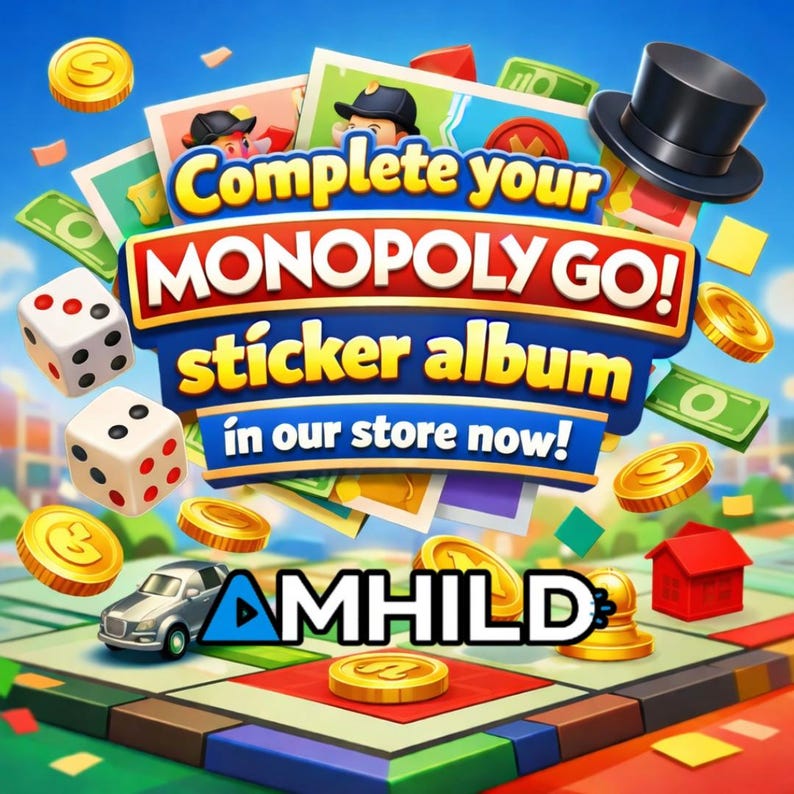 May include: A digital graphic featuring the text "Complete your MONOPOLY GO! sticker album in our store now!" and "AMHILD" above a game board with dice, gold coins, paper money, a black top hat, a silver car, and a small red house.