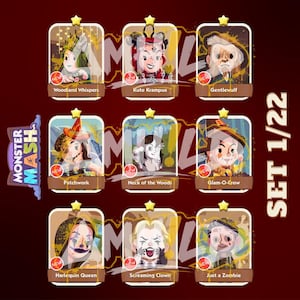 May include: A digital collection of nine Monster Mash character cards labeled Set 1/22. Each card features a unique illustrated figure with names including Woodland Whispers, Kute Krampus, Gentlewulf, Patchwork, Neck of the Woods, Glam-O-Crow, Harlequin Queen, Screaming Clown, and Just a Zombie.