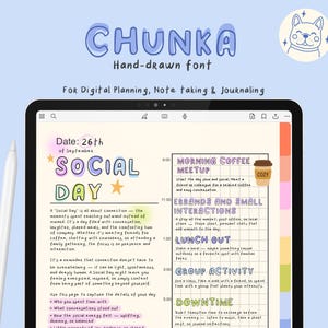 May include: Digital planner page with the text "CHUNKA Hand-drawn font" and "For Digital Planning, Note taking & Journaling." The page includes a schedule for a "Social Day" with sections for coffee, errands, lunch, and group activities.