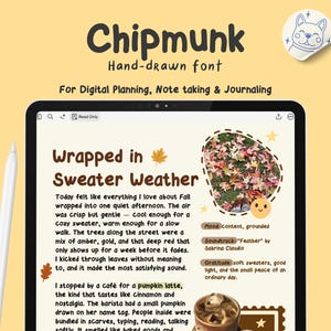 May include: A digital tablet displays text in a hand-drawn font, titled "Chipmunk," promoting digital planning and journaling. The screen shows "Wrapped in Sweater Weather" with fall-themed illustrations and text. A stylus rests on the left.