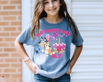 Custom Blue Dog Birthday Girl T-Shirt, Personalized Puppy Party Outfit,