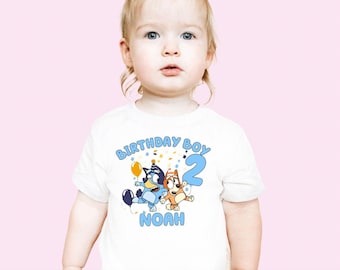 Personalized Blue Dog Birthday Boy Shirt, Cartoon Tee.