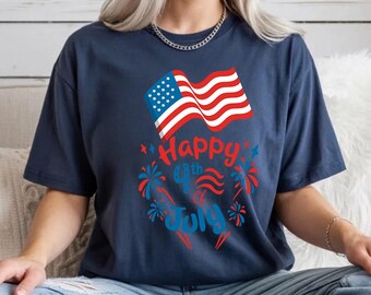 Happy 4th of July Shirt Front Back Print USA Celebration Graphic Tee