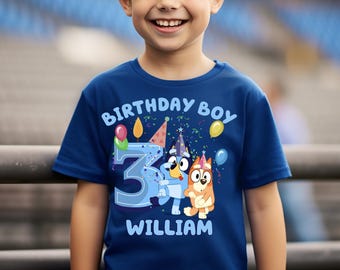 Personalized Blue Dog Birthday Boy Shirt, Custom Name & Age,