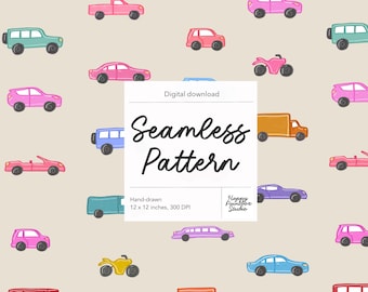 Gender Neutral Vehicles Cars Seamless Pattern: Beige Babies Kids Nursery (300 DPI PNG Digital Download Hand-drawn)