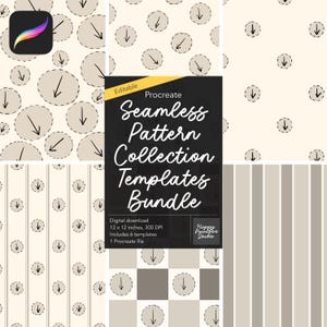 Puede incluir: Una colección digital de seis plantillas de patrones sin costuras para Procreate, con círculos beige con flechas negras sobre fondos a rayas o cuadros. La etiqueta negra central muestra el texto: Editable Procreate Seamless Pattern Collection Templates Bundle, Digital download, 12 x 12 inches, 300 DPI, Includes 6 templates, 1 Procreate file, Happy Paintbox Studio.
