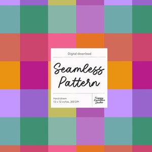 May include: A colorful seamless pattern design featuring a grid of squares in shades of pink, orange, green, and purple. The design includes the text "Seamless Pattern" and is 12 x 12 inches.
