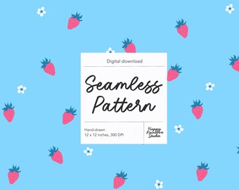 Erdbeer Muster - Strawberry Ditsy Zartes Design auf Blau ( 300 DPI PNG Digital Download)