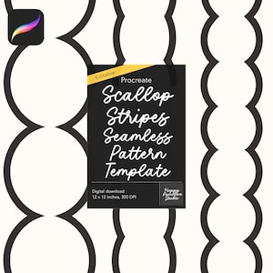 Puede incluir: Una plantilla digital para Procreate con un patrón de rayas de vieira sin costuras en blanco y negro. El diseño presenta un patrón repetitivo de formas redondeadas. La plantilla mide 30,48 x 30,48 cm y 300 DPI.