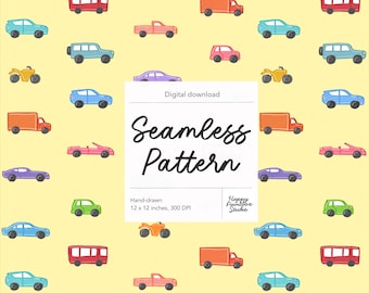 Vehicles Cars Seamless Pattern: Kids Transportation Trucks Buses (300 DPI PNG Digital Download Hand-drawn)