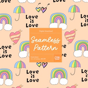 Pride Rainbow Love is Love Seamless Pattern: HBTQ+ Inkluderande Design Retrostil (300 DPI PNG Digital Nedladdning)