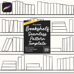 Könnte beinhalten: Eine digitale Procreate-Vorlage für ein nahtloses Bücherregal-Muster mit schwarzen Strichzeichnungen von Büchern in Regalen. Das zentrale schwarze Quadrat zeigt den Text: Editable Procreate Bookshelf Seamless Pattern Template, Digital download, 30,48 x 30,48 cm, 300 DPI, 1 Procreate file und Happy Paintbox Studio.