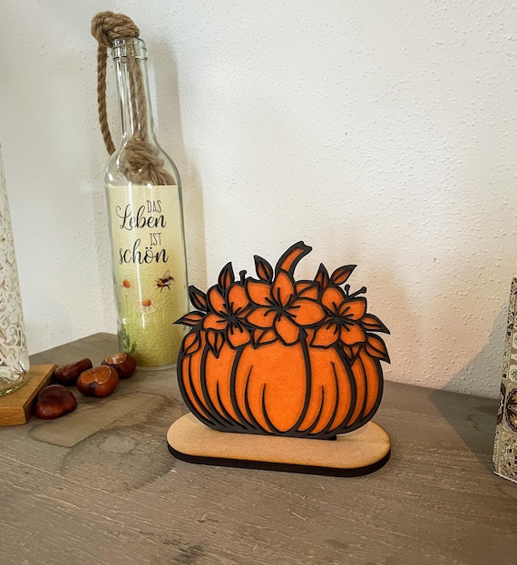 Halloween Kürbis Deko Holz – Handgemachter Kürbis mit Ornament & Blumen, Herbstdeko, Tischdeko, Halloween Kürbis Figur Holz