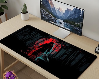 Glitch Samurai Mouse Pad - Bamboo Forest Desk Mat Red Sun Gaming Mousepad XL Large Desk Mat Cyber Ninja Art Setup Gift