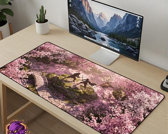 Samurai Duel Mouse Pad - Sakura Cherry Blossom Desk Mat Japanese Art Gaming Mousepad XL Large Desk Mat Bushido Setup Gift