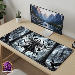 May include: A black and white desk mat featuring a gothic illustration of a figure surrounded by crows, lightning, and architectural elements. The Phantomdesk logo is in the lower left corner. A computer monitor and desk accessories are in the background.