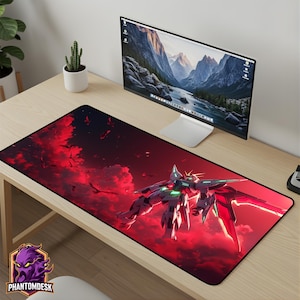 May include: A large rectangular mousepad with a vibrant red and black design featuring a futuristic robot. The mousepad has a black border and the PhantomDesk logo in the lower left corner. A computer monitor and desk accessories are in the background.