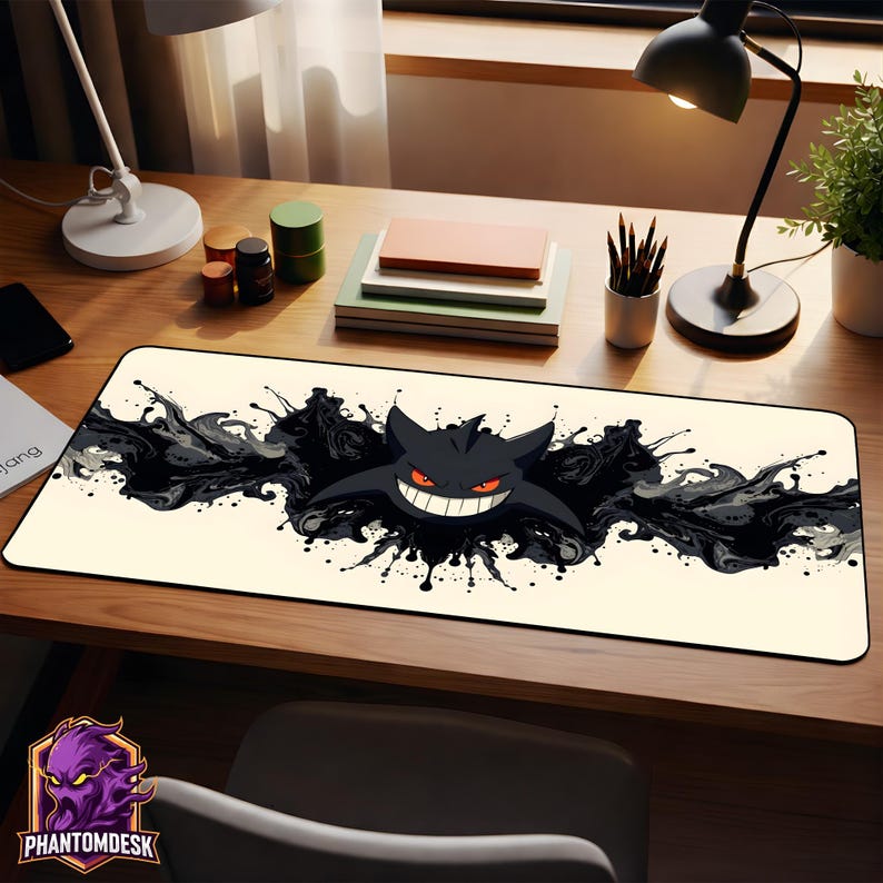 May include: A rectangular mouse mat with a black cartoon character with a wide grin and red eyes, set against a backdrop of black ink-like splatters. The mouse mat has a cream-coloured background and a black border. The PhantomDesk logo is in the bottom left corner.