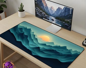 Mountain Desk Mat - Minimalist Landscape Mouse Pad Teal Nature Gaming Mousepad XL Large Desk Mat Sunrise Art Gift