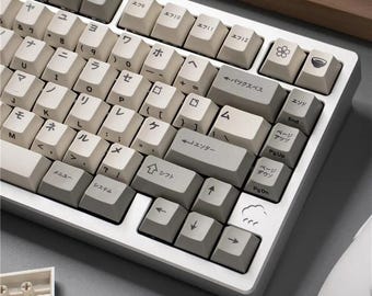 Japanese Keycaps Set 144 Keys – Cherry Profile PBT Keycaps for Mechanical Keyboard, Retro Beige Gray Theme, Custom Keyboard Upgrade