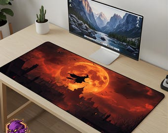 Witch Mouse Pad Harvest Moon Desk Mat - Gothic Village Gaming Mousepad XL Large Desk Mat Halloween Art Setup Gift