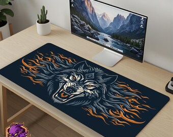 Snarling Wolf Mouse Pad Fire Flame Desk Mat Flaming Wolf Gaming Mousepad XL Large Desk Mat Alpha Beast Art Setup Gift PhantomDesk Gear Mat