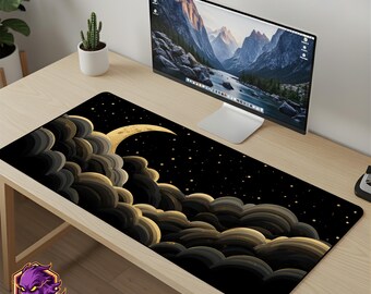 Celestial Moon Mouse Pad - Gold Clouds Desk Mat Crescent Moon Gaming Mousepad XL Large Desk Mat Astrology Art Setup Gift