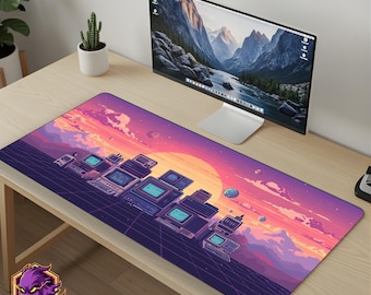 Retro Pixel Mouse Pad Vintage CRT Desk Mat Cute Gaming Mousepad XL Large Desk Mat Purple Pastel Synthwave Tech Art Gift Phantom Desk Gear