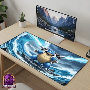 May include: A rectangular mousepad featuring a blue and tan cartoon character with water cannons, set against a backdrop of a large wave and mountain range. The mousepad has a black border and the Phantomdesk logo.