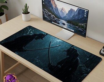 Samurai Duel Mouse Pad - Rain Ninja Desk Mat Katana Gaming Mousepad XL Large Desk Mat Japanese Art Setup Warrior Gift