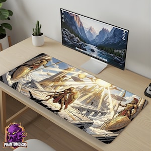 May include: A rectangular desk mat featuring a detailed illustration of armored warriors standing on stone platforms amidst clouds and classical columns. The scene includes a bright sunburst, floating structures, and golden shields.
