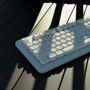 May include: A white mechanical keyboard with rounded keycaps. The keyboard is set against a dark, reflective surface, with light and shadow creating a contrast. The keycaps have a retro design.