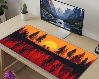 Retro Sunset Mouse Pad Upside Down Forest Desk Mat Bike Ride Gaming Mousepad XL Large Desk Mat SciFi Horror Art Gift PhantomDesk Gear Mat