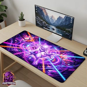 May include: A rectangular desk mat featuring a purple and pink graphic of a Pokemon character. The design includes geometric shapes and energy beams. The mat has the PhantomDesk logo in the bottom left corner.
