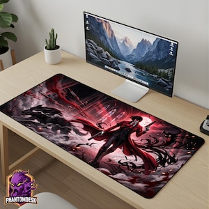 May include: A large rectangular mousepad featuring a dynamic anime-style illustration. The design showcases a character in a red coat with a gun, a black wolf, and a dark, gothic background. The PhantomDesk logo is in the lower left corner.