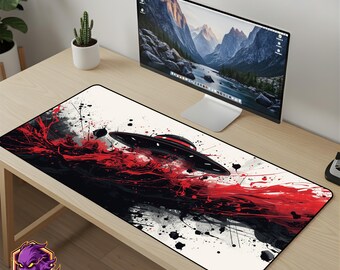 UFO Alien Mouse Pad - Abstract Ink Desk Mat Sci-Fi Art Gaming Mousepad XL Large Desk Mat Red Black Setup Gift