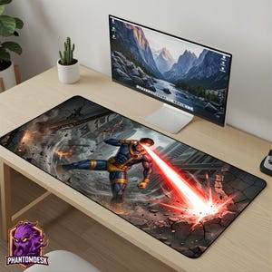 May include: A rectangular desk mat with a comic book illustration of a superhero emitting a red beam, destroying a building. The mat has a black border and the PhantomDesk logo in the lower left corner.