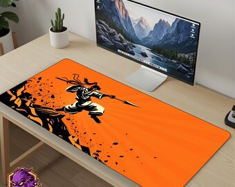 Anime Warrior Mouse Pad Spear Fighter Desk Mat Martial Arts Gaming Mousepad XL Large Desk Mat Orange Vector Art Gift Phantom Desk Gear Mat