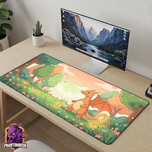 May include: A rectangular desk mat featuring a cartoon Charizard in a forest scene with trees, flowers, and a sunset background. The mat has a black border and the PhantomDesk logo in the bottom left corner.