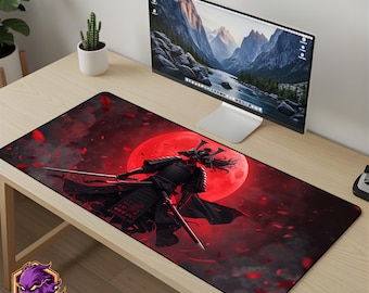 Blood Moon Samurai Mouse Pad - Red Moon Desk Mat Katana Gaming Mousepad XL Large Desk Mat Japanese Warrior Art Setup Gift