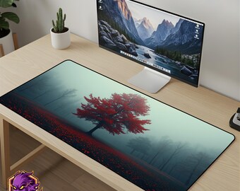 Red Tree Mouse Pad - Misty Forest Desk Mat Crimson Autumn Gaming Mousepad XL Large Desk Mat Nature Landscape Art Setup Gift