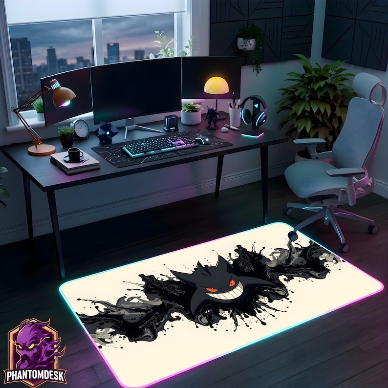 May include: A rectangular gaming mouse mat featuring a black and white Gengar design. The mat has a cream-coloured surface with a black ink-like design and a smiling Gengar character. The edges of the mat are illuminated with a pink and blue glow.