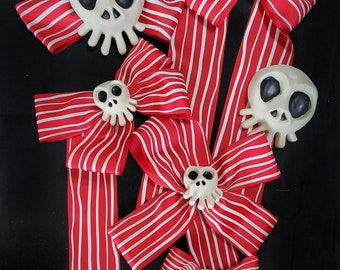 Red Squiggly Stripe Ribbon and Bow and Skull Sets