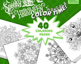 Può includere: Una pila di libri da colorare a tema Halloween con intricati disegni mandala. La copertina presenta il testo "Spooky Halloween Mandala Color Time!" e "40 Coloring Pages". Lo sfondo è verde.