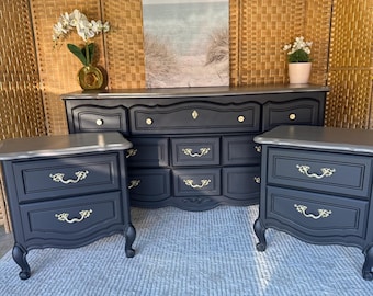 Zwarte Franse provinciale commode, vintage 3-delig slaapkamermeubilair, boerderijchic