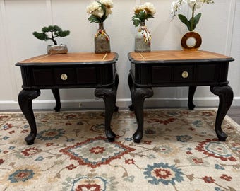 French Provincial Nightstands, Black and golden oak stain, wood inlay tops