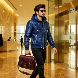 Blouson aviateur à capuche en cuir véritable bleu électrique royal, motif crocodile | Pochette en cuir et gants de conduite offerts